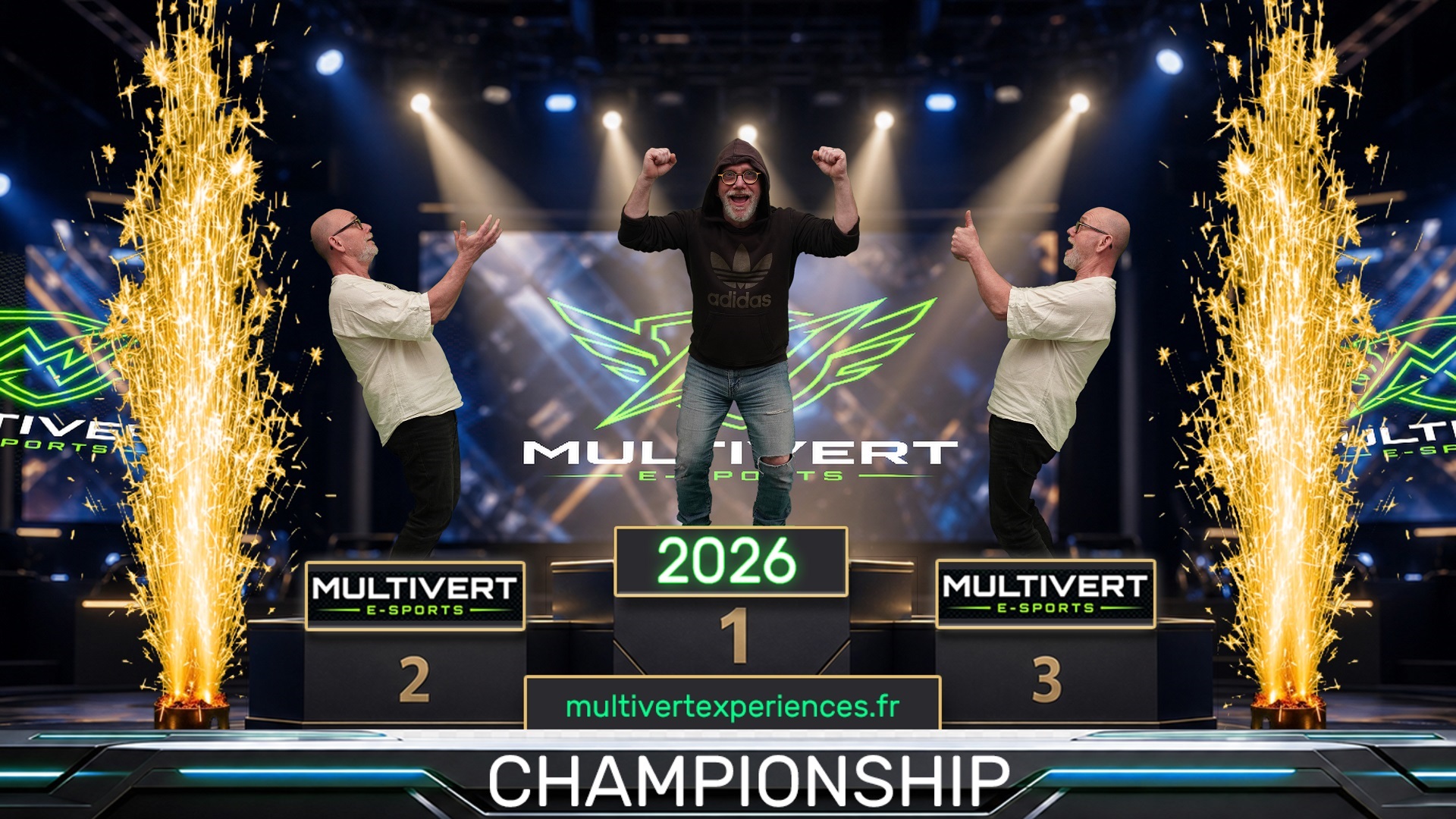 Animation fan engagement photo fond vert sur podium de championnat e-sport – VIP Clone – MultiVert Expériences