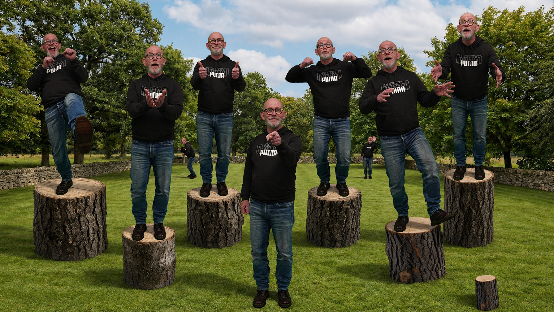 Animation team building surréaliste fond vert en extérieur – collaborateurs perchés sur rondins dans un parc – séminaire entreprise – MultiVert Expériences