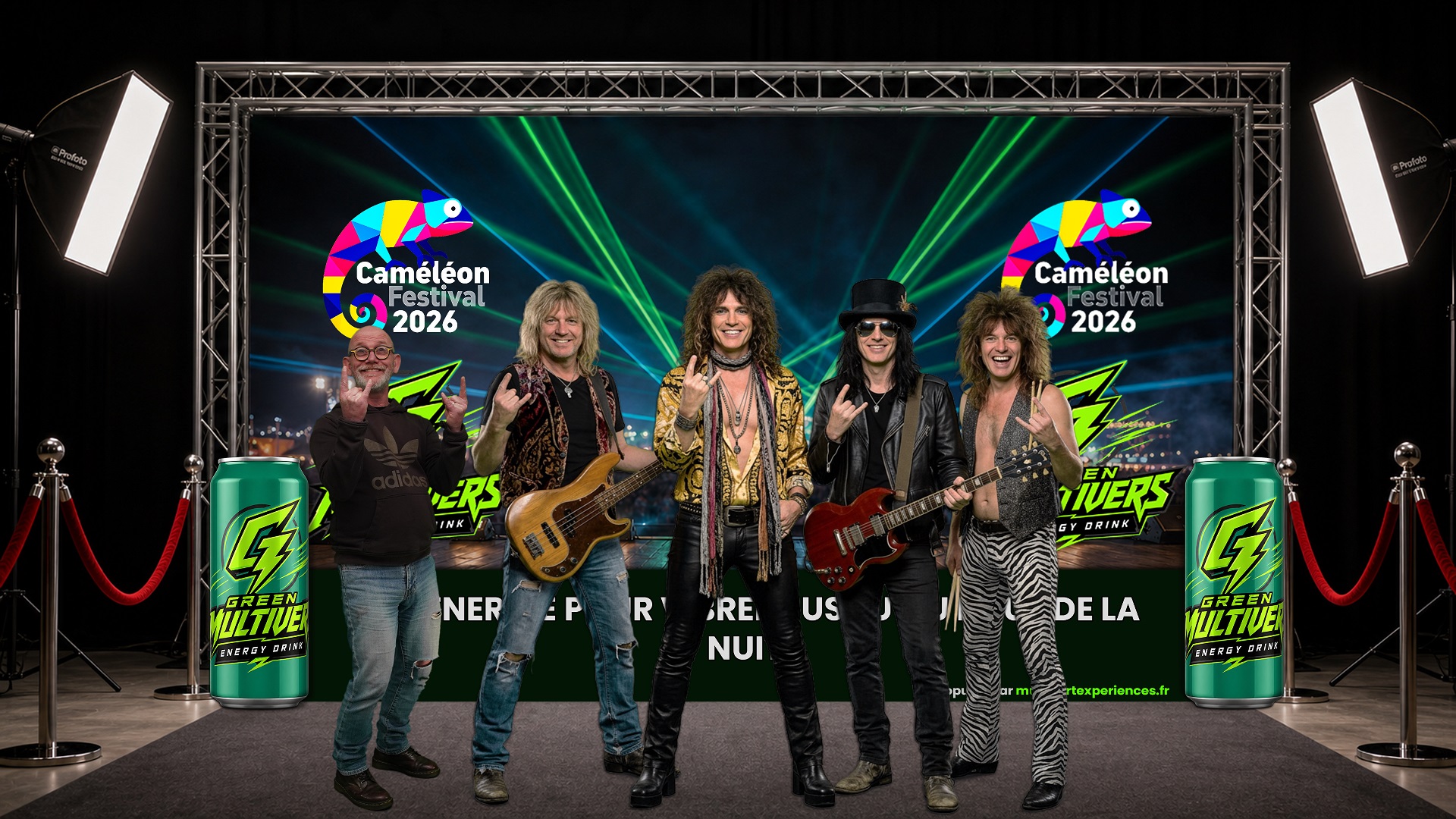 Photocall VIP festival fond vert avec clones de rockstars et intégration sponsor – brand activation festival – MultiVert Expériences