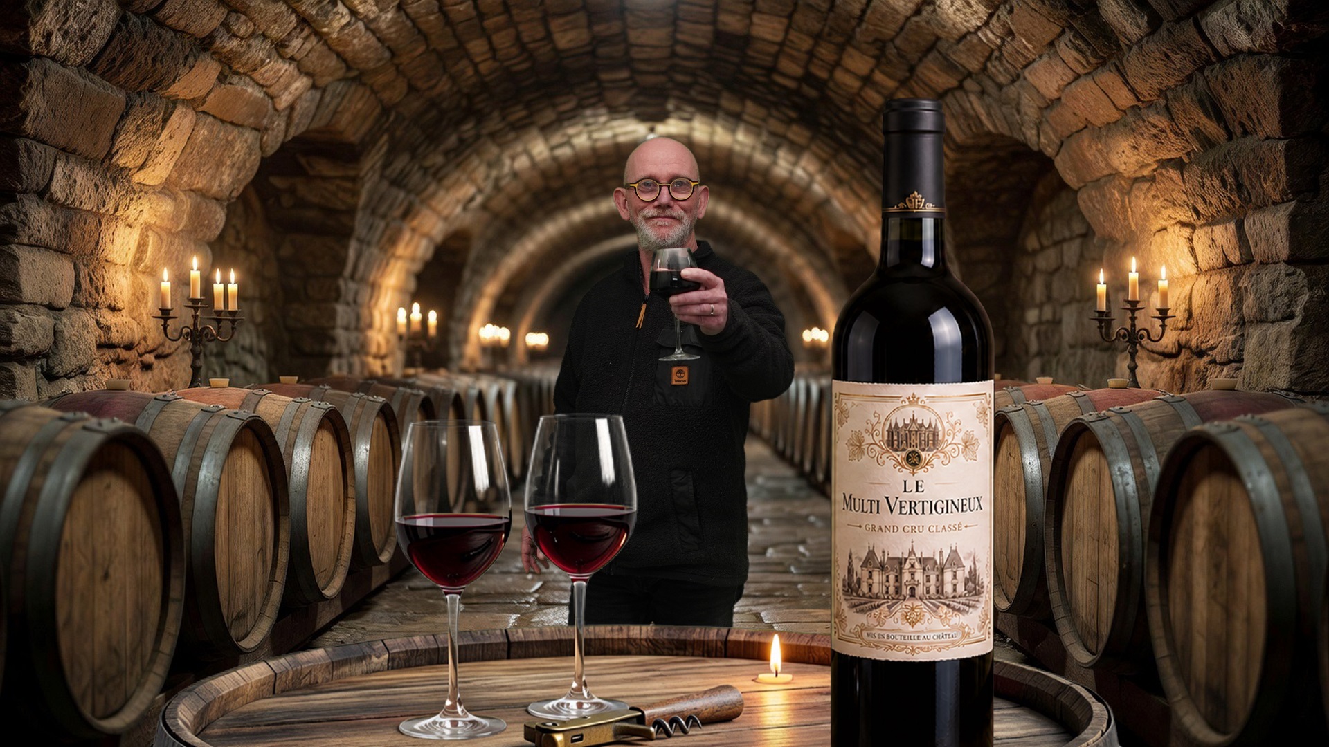Animation photo fond vert immersive dans une cave viticole centenaire – product placement bouteille grand cru – MultiVert Expériences