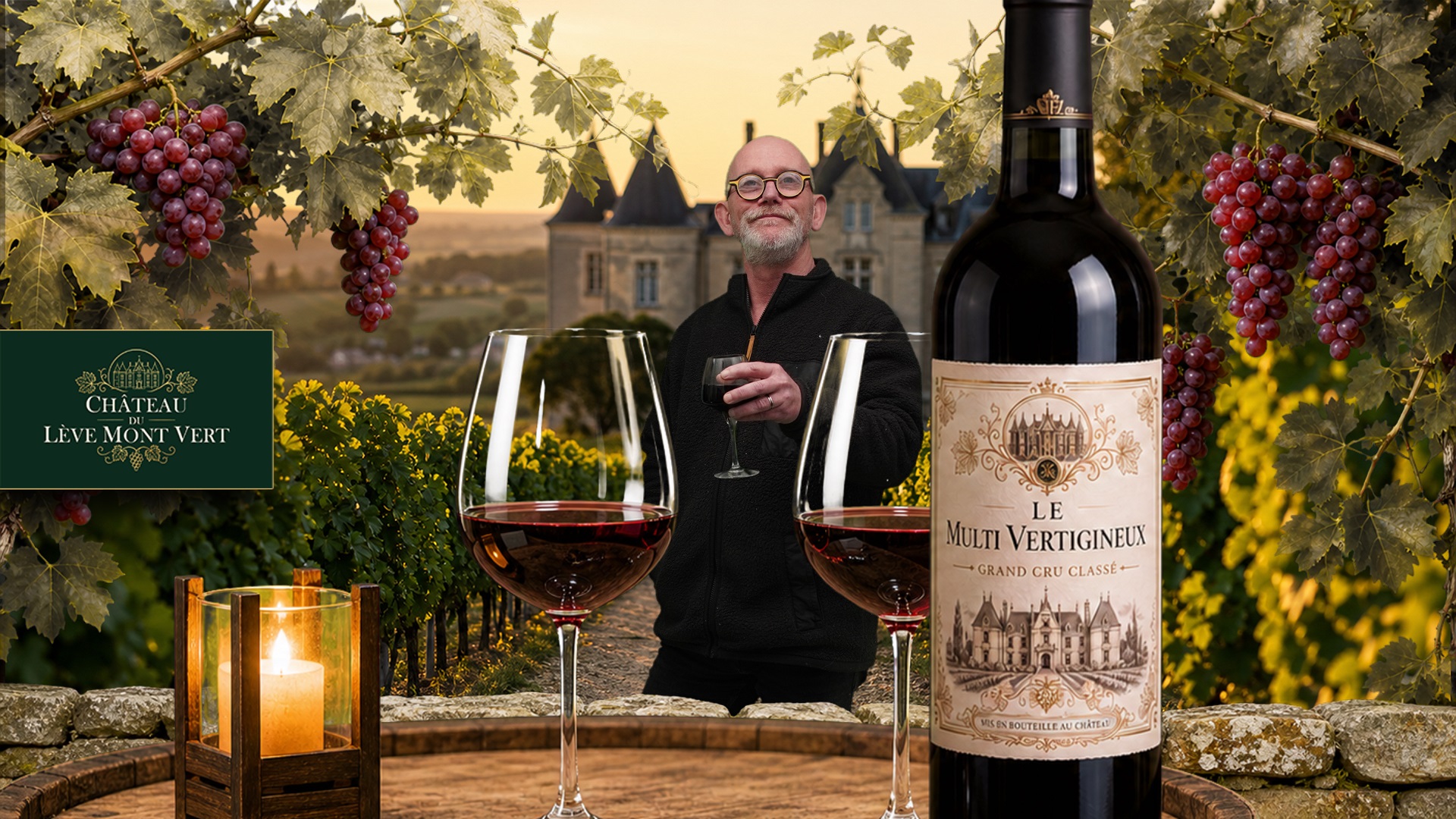 Photocall professionnel fond vert devant château et vignoble au coucher de soleil – animation événement prestige – MultiVert Expériences